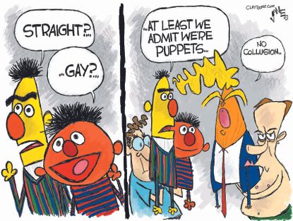 Political cartoon U.S. Bert and Ernie gay puppets Trump collusion Russia Vladimir Putin