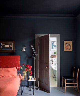 A living room color drenched in F&B Hopperhead No.305