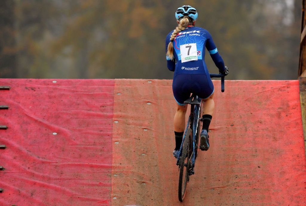RIJKEVORSEL BELGIUM NOVEMBER 22 Katherine Compton of The United States and Team Kfc Racing PB TrekKnight Composites during the 9th Superprestige Merksplas 2020 Women Elite SuperprestigeCX SPMerksplas CX on November 22 2020 in Rijkevorsel Belgium Photo by Luc ClaessenGetty Images