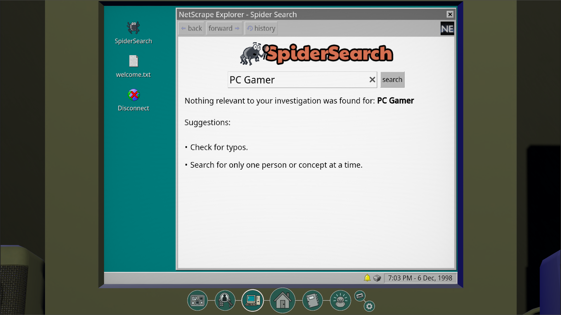 The SpiderSearch web browser in The Roottrees are Dead, showing no results when searching 