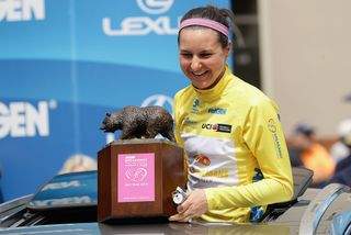 Megan Guarnier with her 2016 Tour of California overall winner's trophy.