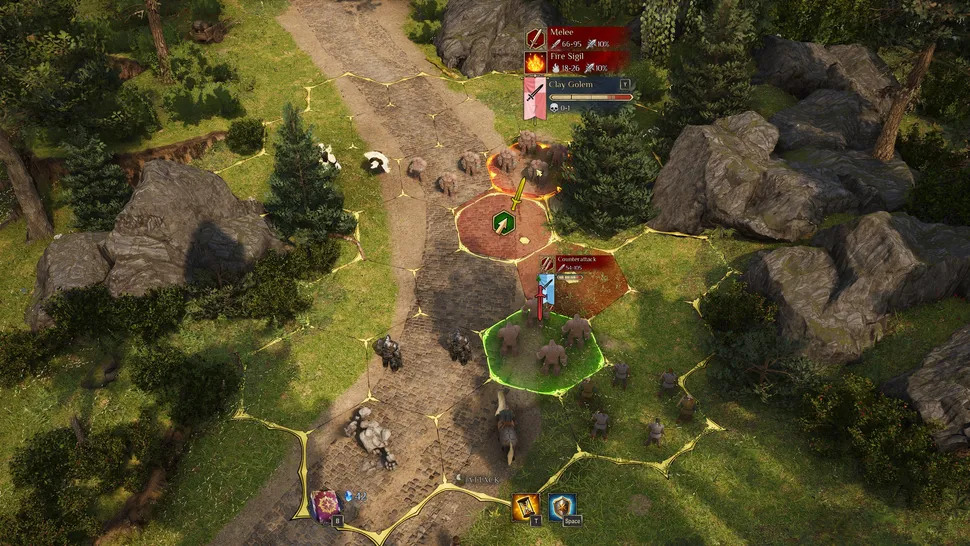 Гексагональный экран битвы King's Bounty 2, накладывающийся на ландшафт.