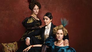 Mariana Lawton (Lydia Leonard), Anne Lister (as played by Suranne Jones) and Ann Walker (Sophie Rundle) sitting for a portrait in official art for Gentleman Jack season 2