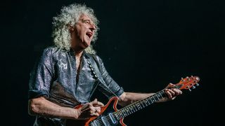 Brian May of Queen performs at the "We Will Rock You" musical premiere at Stage Palladium Theater on October 17, 2025 in Stuttgart, Germany. 