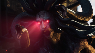 An image of a medusa screaming in Dragon's Dogma 2, her eyes glowing a violent red.