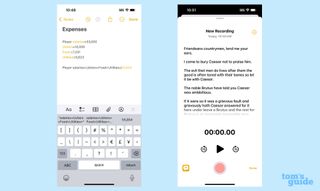 iOS 18 Notes screenshots showing the math notes feature and the built-in recorder with transcript