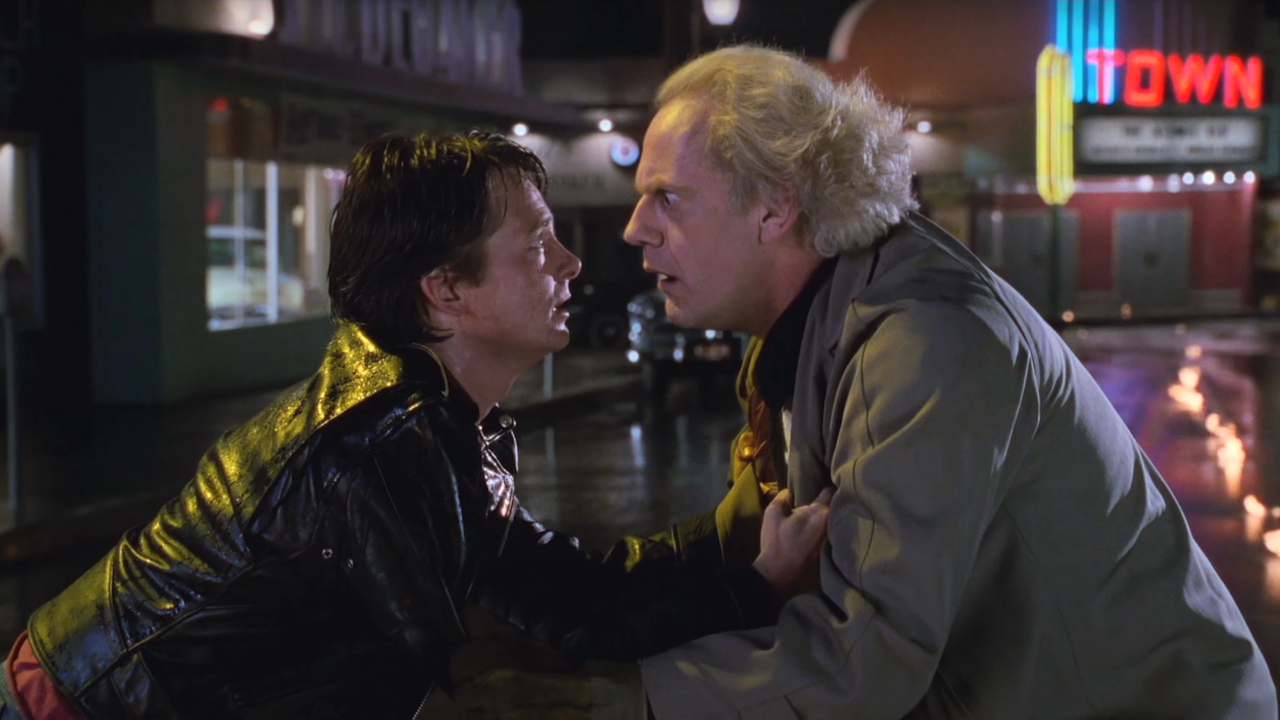 Michael J. Fox surprises Christopher Lloyd in the middle of the street in Back To The Future: Part II.