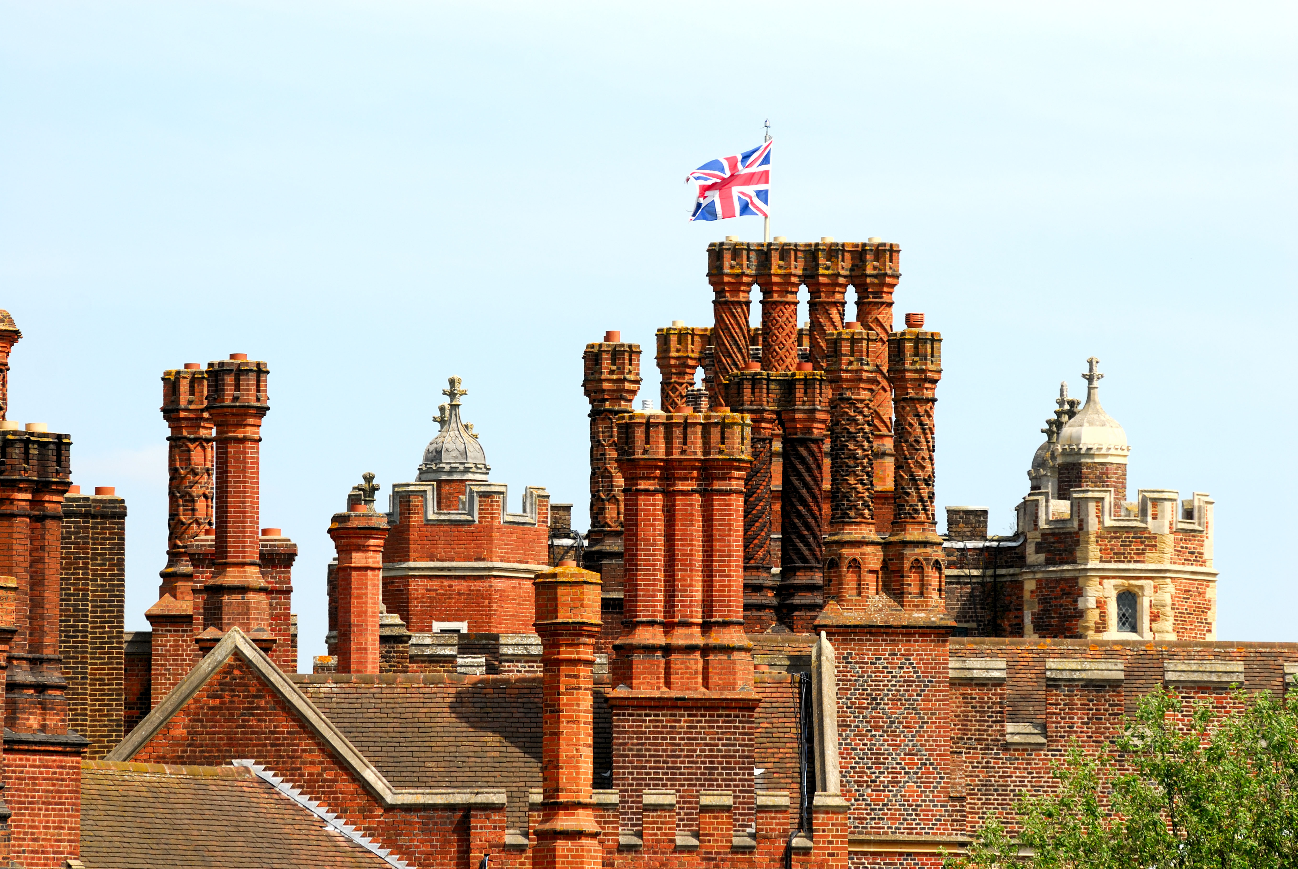 Close-up of some of the twisted Tudor chimneys on the roof of Hampton Court Palace