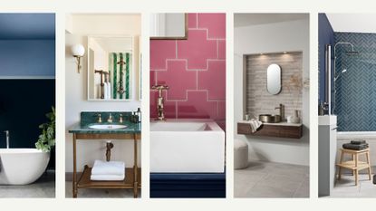 compilation image showing five bathroom trends 2023 with pink tiles, blue paint colors, over sink lighting and textured tiles in neutral colors