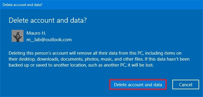 Delete account and data on Windows 10