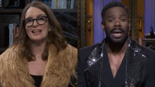 From L to R: Tina Fey in a Five-Timers Club sketch for Jack Black, Colman Domingo during his opening monologue on Saturday Night Live.
