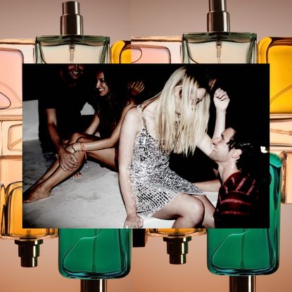 a background of pastel perfume bottles under a shot of glamorous party goers in chic outfits