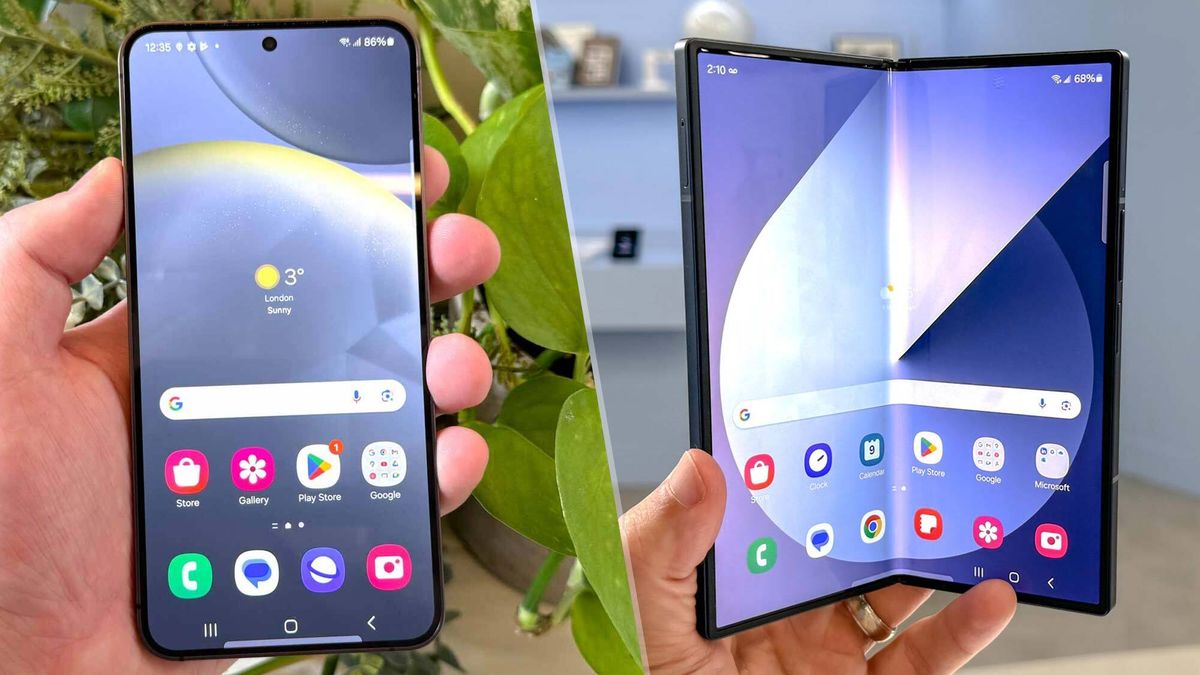 Samsung Galaxy S24 Ultra vs Samsung Galaxy Z Fold 6 split image. S24 is on the left, Z Fold 6 is on the right