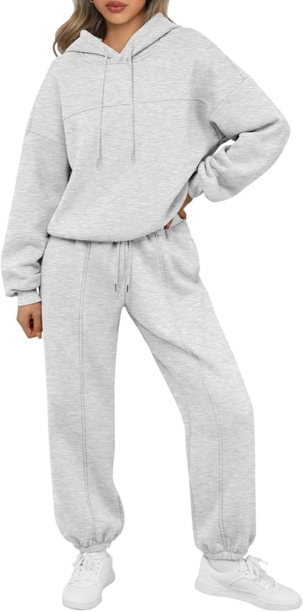 Trendy Queen, Trendy Queen Womens Sweatsuits 2 Piece Outfits Fall Lounge Sets Wide Leg Sweatpants and Oversized Hoodies With Drawstring Grey M