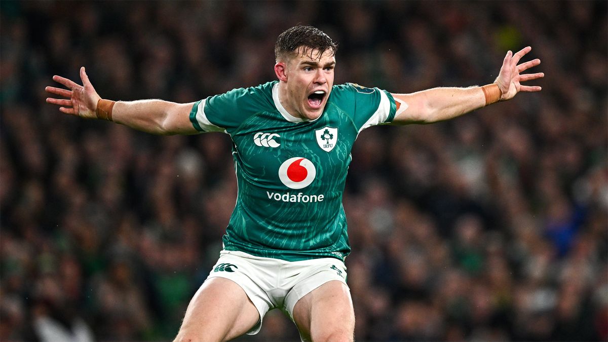 Ireland’s Garry Ringrose remonstrates with arms outstretched during his team&#039;s November 2024 match against New Zealand.