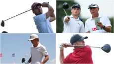 Four golfers hit golf balls off the tee