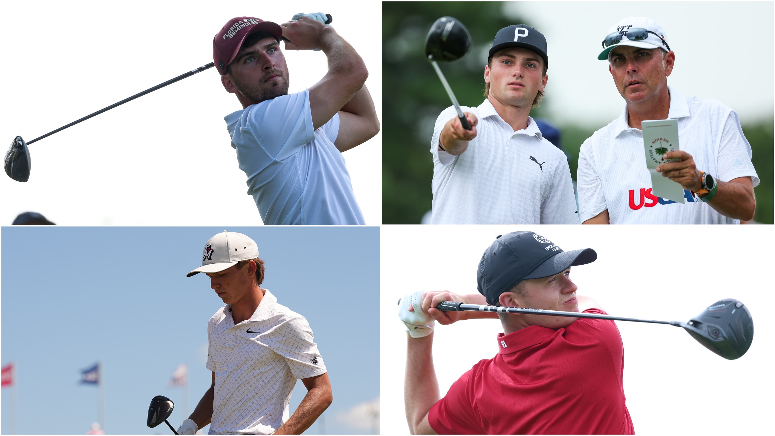 Four golfers hit golf balls off the tee