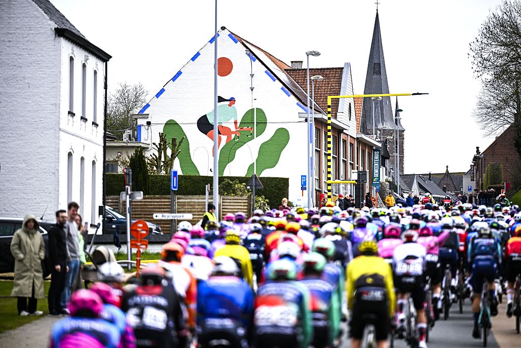 The peloton pictured in action during the 'E3 Saxo Bank Classic' one day cycling race, 208,8km from and to Harelbeke, on Friday 27 March 2026. BELGA PHOTO JASPER JACOBS (Photo by JASPER JACOBS / BELGA MAG / Belga via AFP)