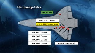 This NASA graphic released May 20, 2011, (Flight Day 5) shows the location of damaged tiles on the belly of space shuttle Endeavour caused by debris during its May 16 launch into orbit.