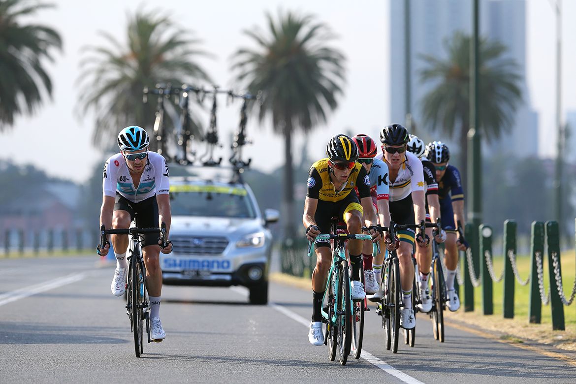 Owain Doull pulls off the front of the breakaway