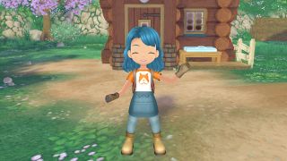 Story of Seasons: A Wonderful Life - a farmer with blue hair and an orange shirt and blue skirt stands in front of their farmhouse, smiling.