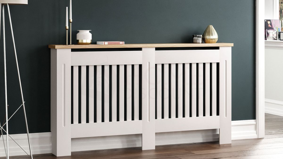 white wooden radiator cover with wooden shelf