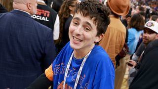 Timothée Chalamet celebrates on the court after the Knicks won the NBA Championship.