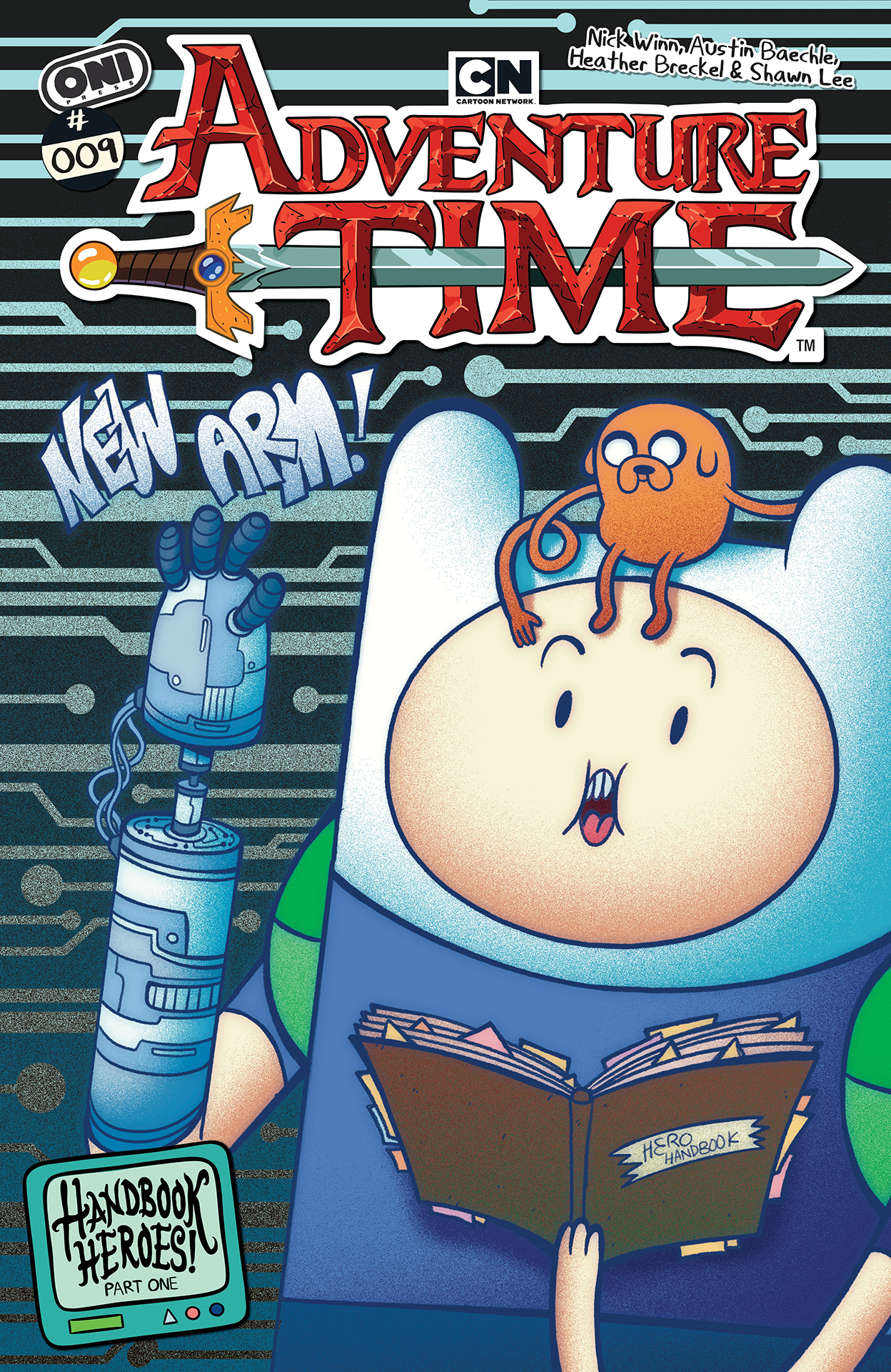 Finn reading his new Hero Handbook with Jake sitting on his head