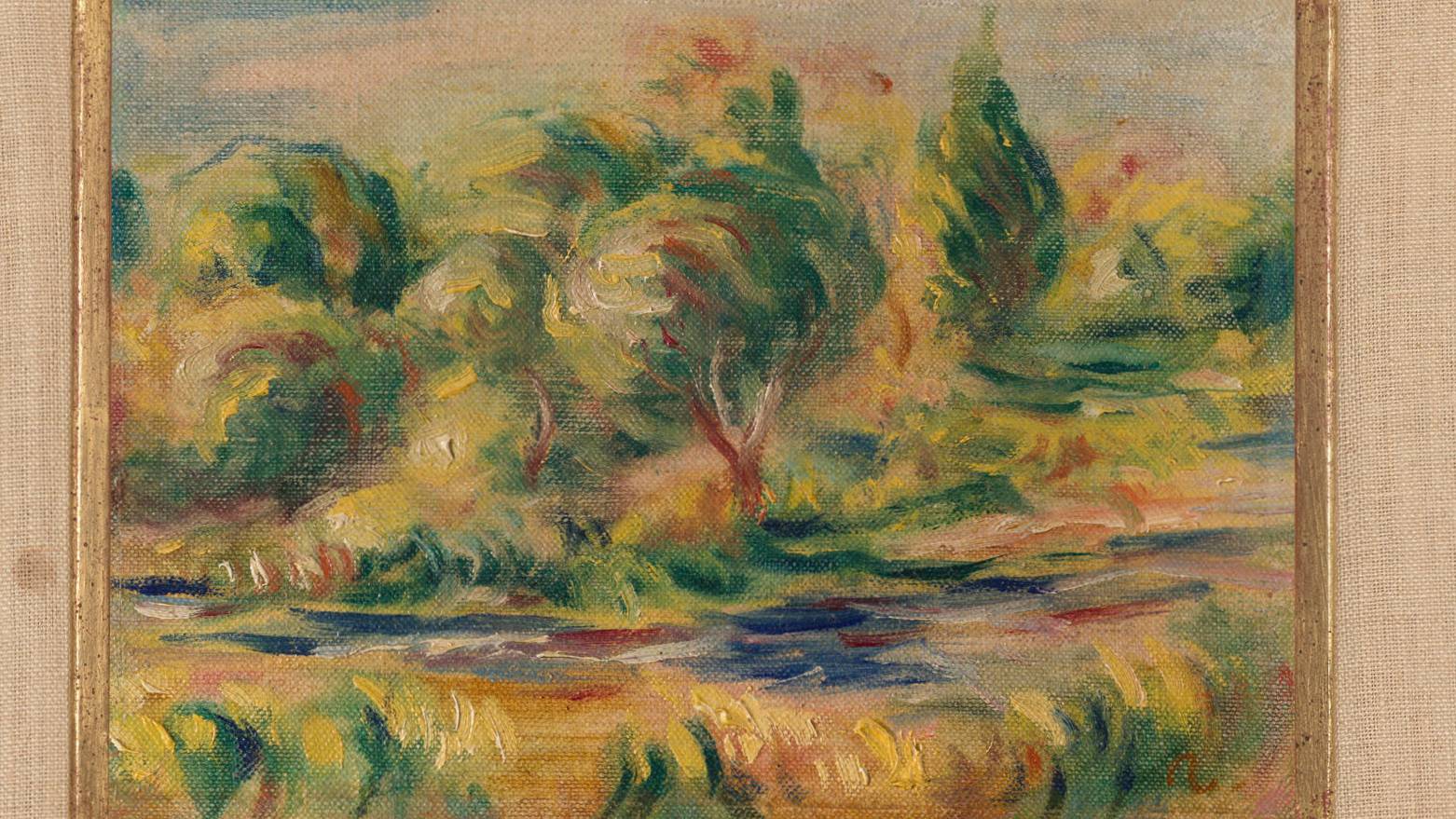 Framed landscape painting being investigated as a work by Pierre-Auguste Renoir.