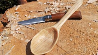 A nicely whittled spoon next to a knife