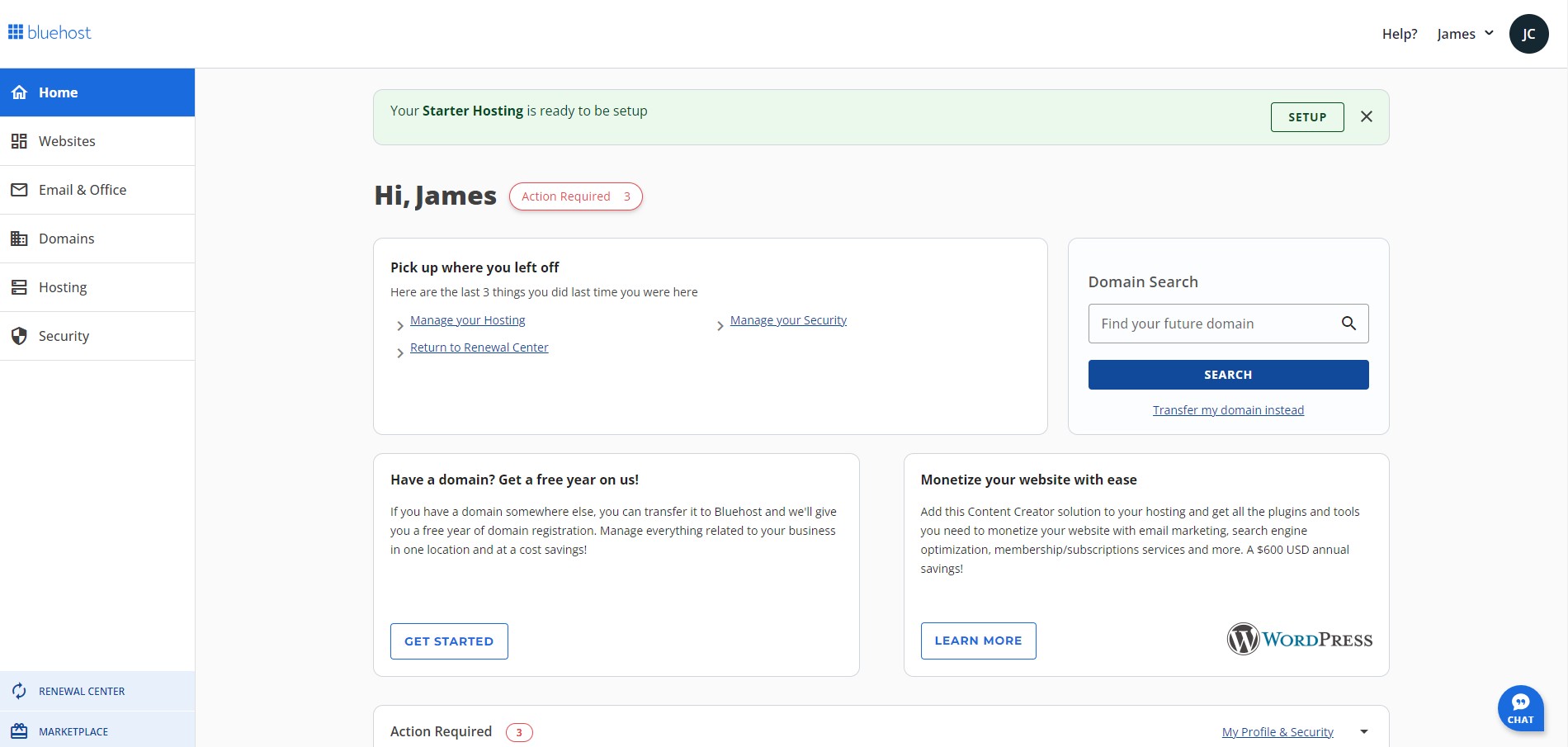 An image of Bluehost's control panel