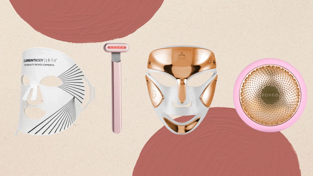 Collage of the best red light therapy devices from Currentbody, Solawave, Dr Dennis Gross and Foreo, on a beige background with big painted dark red semicircles 