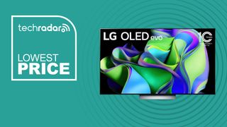 LG C3 Series 65-Inch Class OLED evo 4K Processor Smart Flat Screen TV on cyan background with lowest price sign