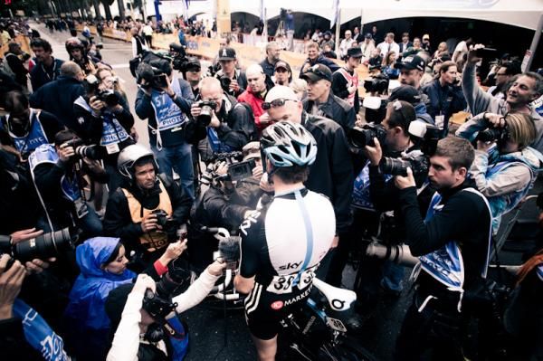 Race winner Ben Swift (Sky) meets the media after his win