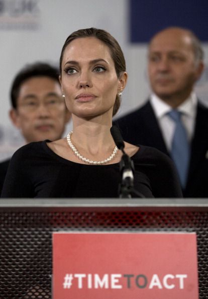 Angelina Jolie speaks at a press conference.