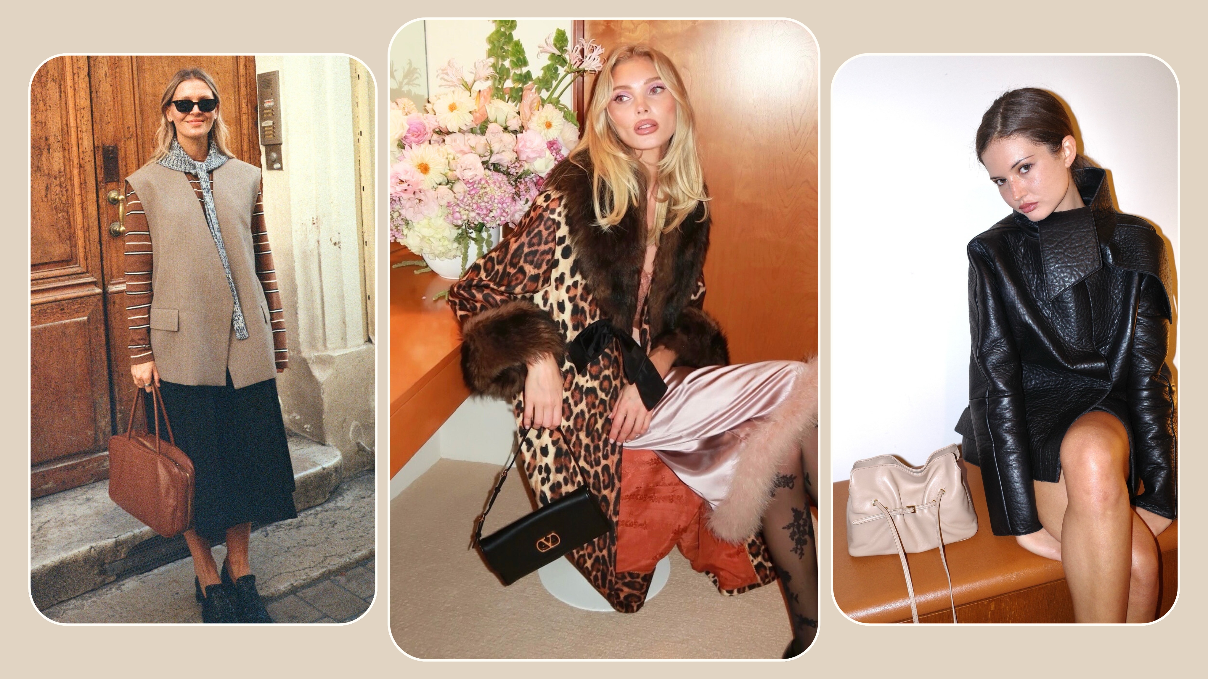 A collage of women wearing spring It-bags for 2026.