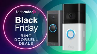 A Ring video doorbell with a sign saying Black Friday Ring deals