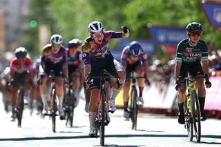 HUESCA SPAIN MAY 06 LR Femke Gerritse of Netherlands and Team SD Worx Protime celebrates at finish line as stage winner ahead of Marianne Vos of Netherlands and Team Visma Lease a Bike Green points jersey during to the 11th La Vuelta Femenina 2025 Stage 3 a 1324km stage from Barbastro to Huesca UCIWWT on May 06 2025 in Huesca Spain Photo by Szymon GruchalskiGetty Images