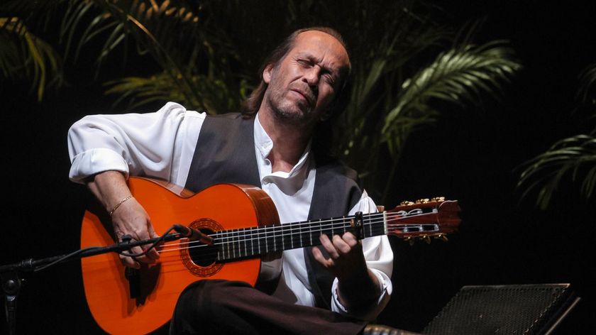 Spanish musician Paco de Lucia (born Francisco Sanchez Gomez, 1947 - 2014) plays guitar during the World Music Institute &#039;Flamenco Festival New York 2004&#039; concert at the Beacon Theater, New York, New York, February 27, 2004