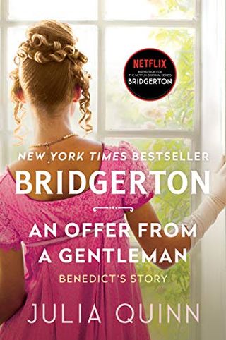 An Offer From a Gentleman bridgerton book 3 book cover featuring a girl in a pink regency dress looking out a window