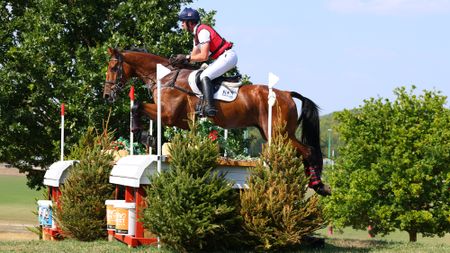 David Doel and Charlie Foxtrot, the horse who died on the cross-country at Bramham 2026, jump a cross-country fence at Hartpury 2025.