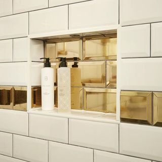 bathroom with white wall and gold plated storage shelf