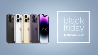 iPhone 14 Pro in various colors on light blue background with 'Black Friday' text overlay