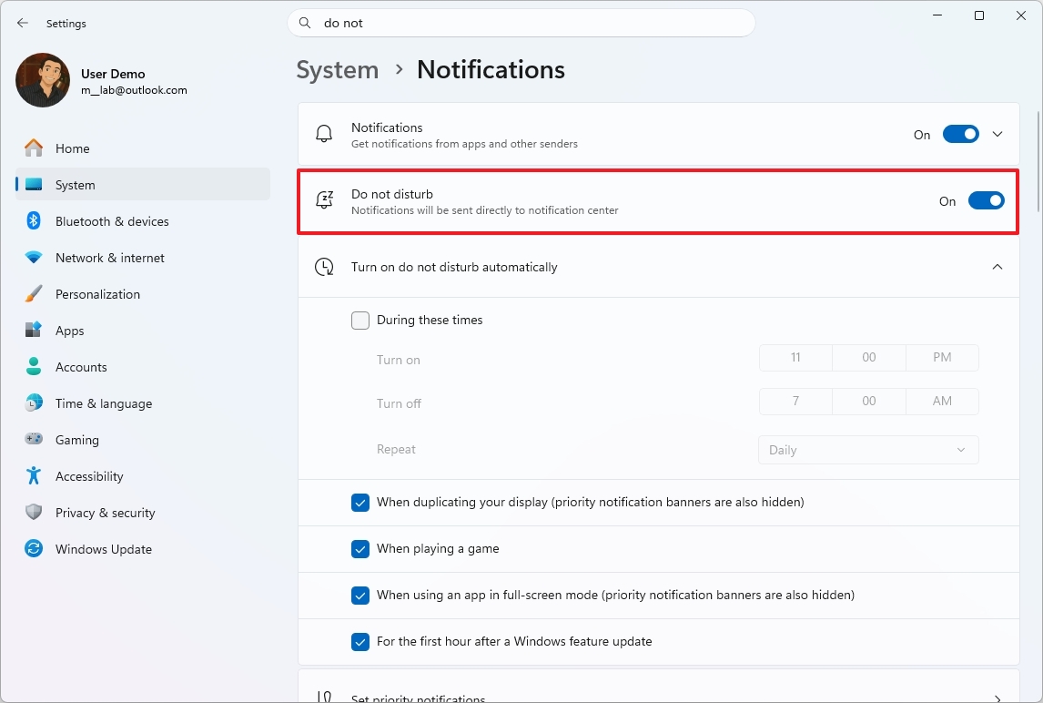 Do not disturb on Windows 11