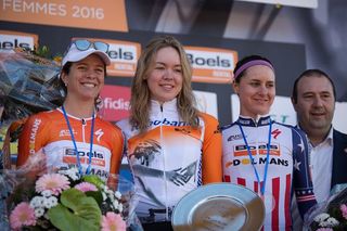 Race winner Anna van der Breggen (NED) of Boels-Dolmans Cycling Team, Evelyn Stevens (USA) of and Megan Guarnier (USA) of Boels-Dolmans Cycling Team stand on the podium of the Flèche Wallonne Femmes