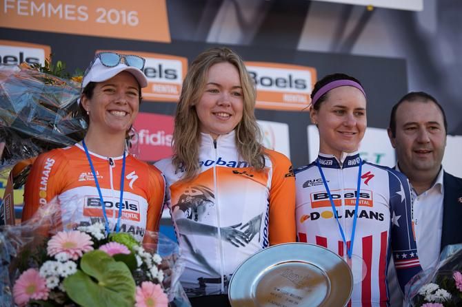 Race winner Anna van der Breggen (NED) of Boels-Dolmans Cycling Team, Evelyn Stevens (USA) of and Megan Guarnier (USA) of Boels-Dolmans Cycling Team stand on the podium of the Fl&amp;egrave;che Wallonne Femmes