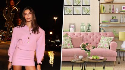 hailey bieber, strawberry girl, and pink colored living room