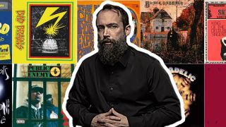 Neil Fallon of Clutch against a montage of his favourite album sleeves