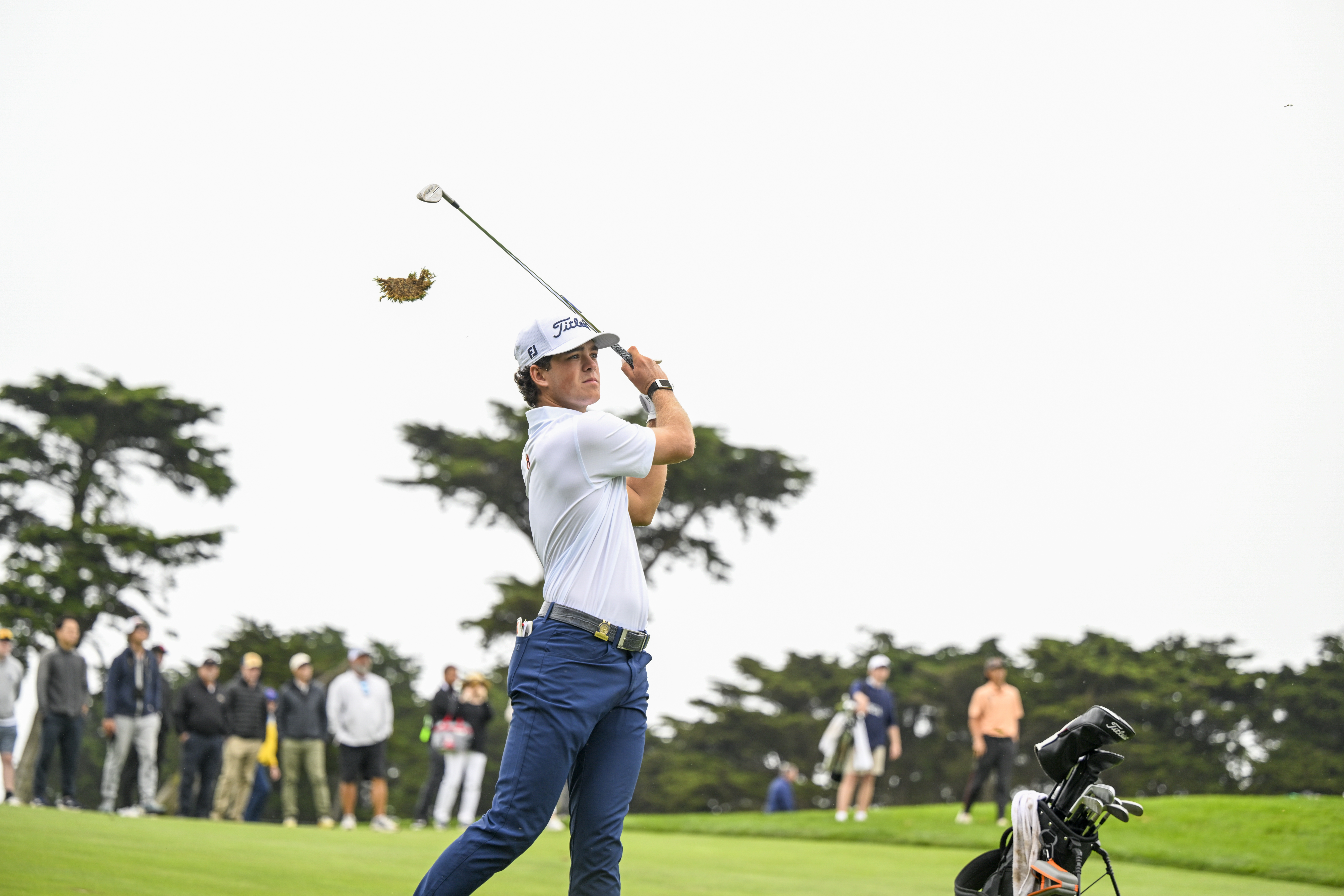 Jackson Koivun plays an iron shot at the US Amateur
