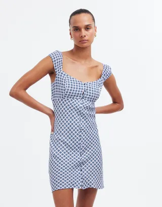 Cap-Sleeve Button-Front Mini Dress in Geometric Print